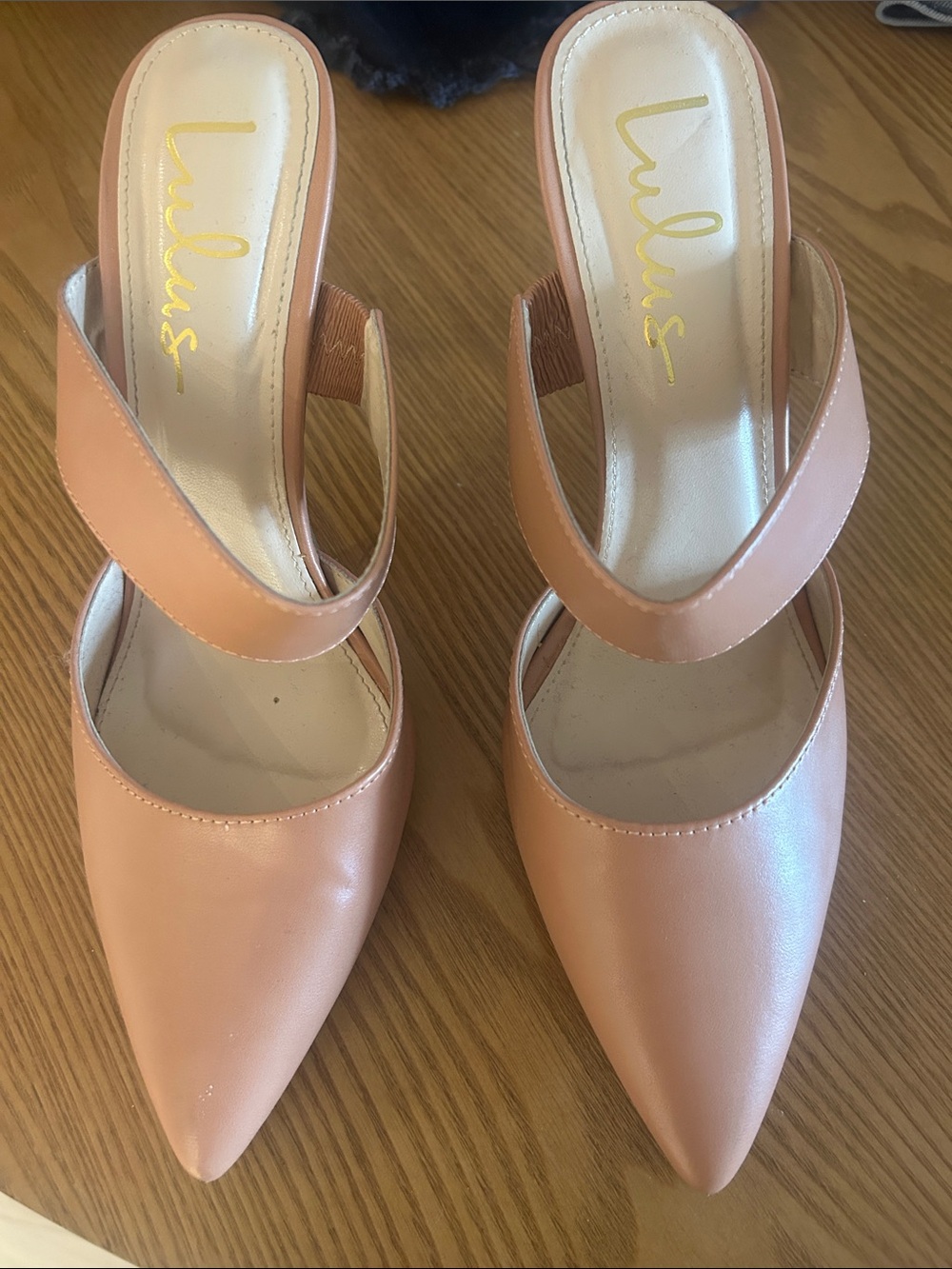 Lulu's Tan Pointed Toe Double-Strap Mule Heels